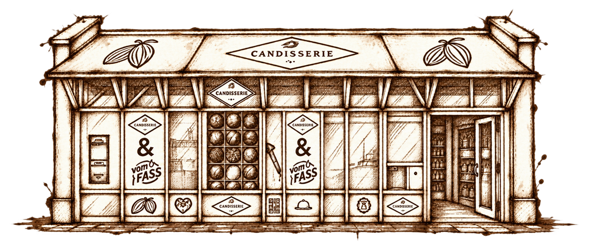 Illustration der Candisserie-Ladenfront in brauner Federzeichnung