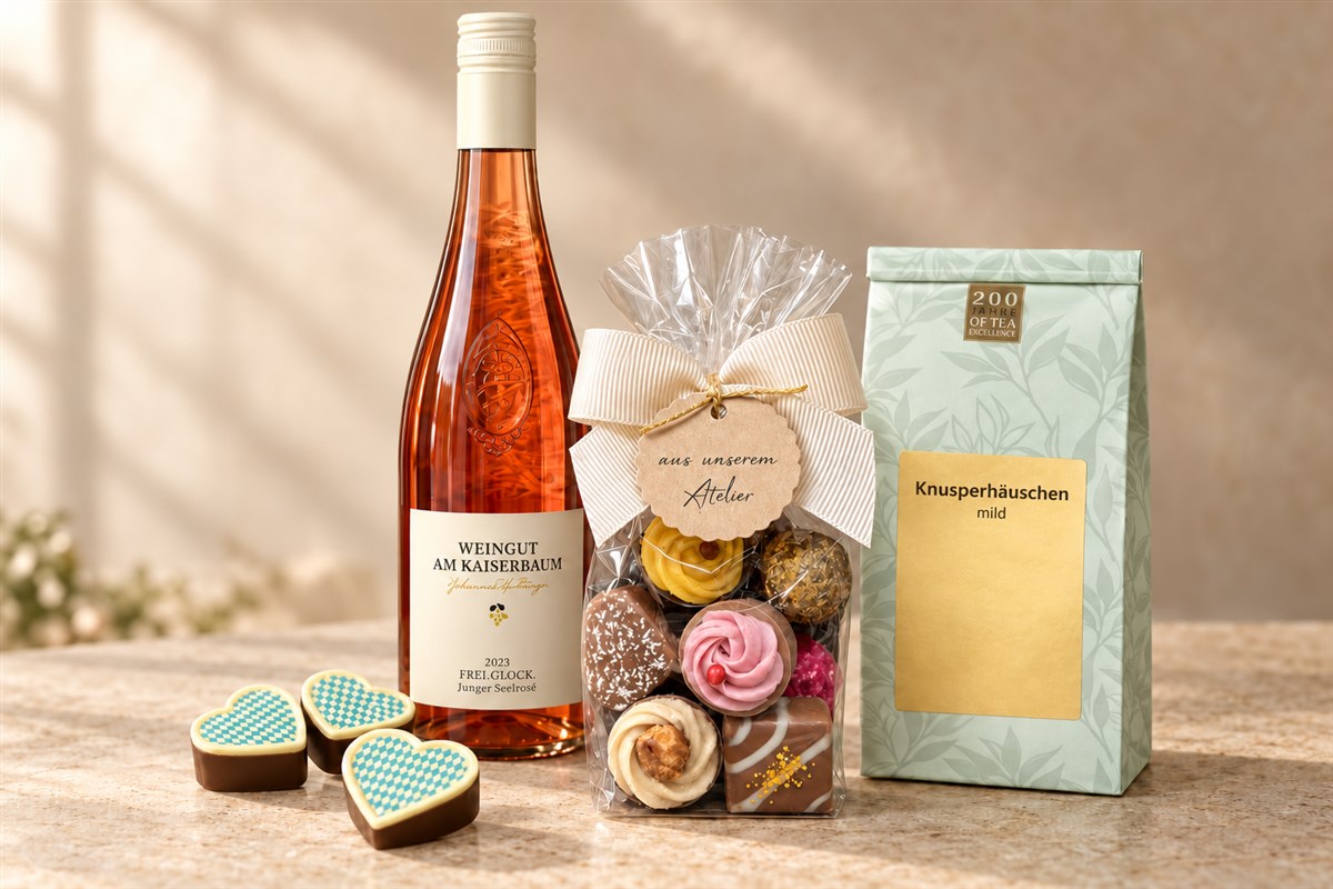 KI-inszenierte Produktauswahl: Herzpralinen, Wein, Pralinenbeutel und Tee mit vereinfachtem Etikett