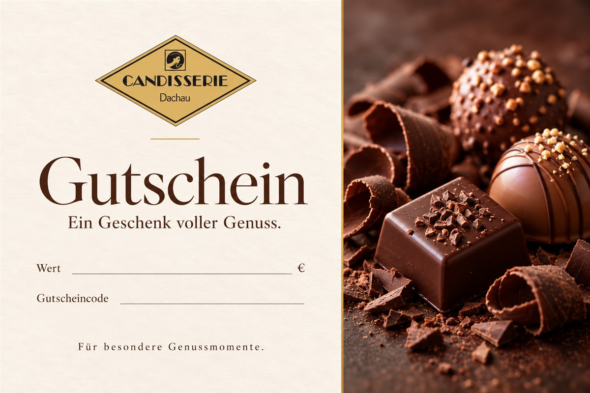 Candisserie-Gutscheinmotiv mit Schokolade und unausgefüllten Wert- und Codefeldern