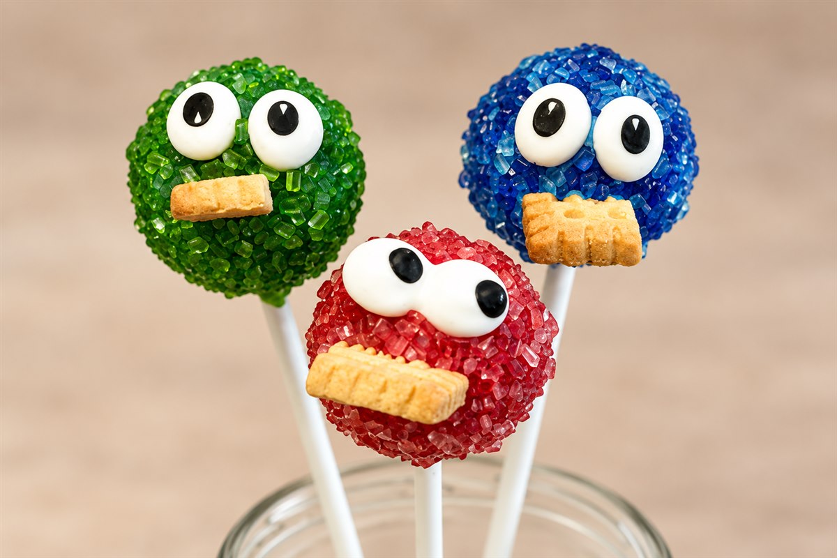 Drei bunte Cake-Pops mit Augen und kleinen Keksen